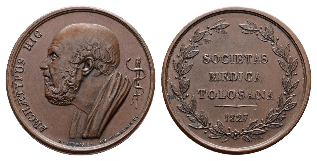  Linnartz MEDICINA IN NUMMIS Bronzemedaille 1827 Krankenhaus Toulouse, 30mm, vz+   