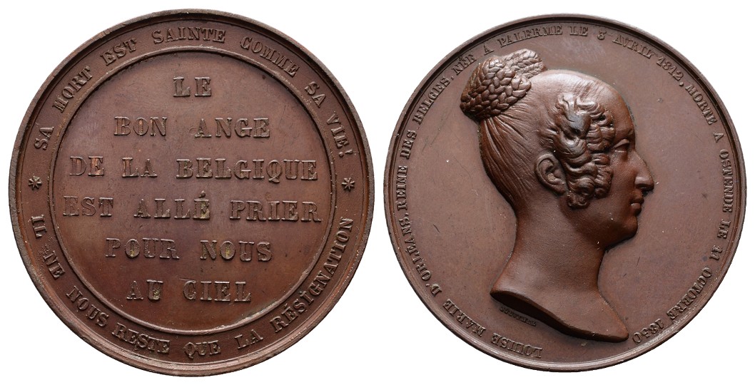  Linnartz BELGIEN, Bronzemed. 1850, Louise d´Orleans, 50,3 mm, 49,8 Gr., vz   