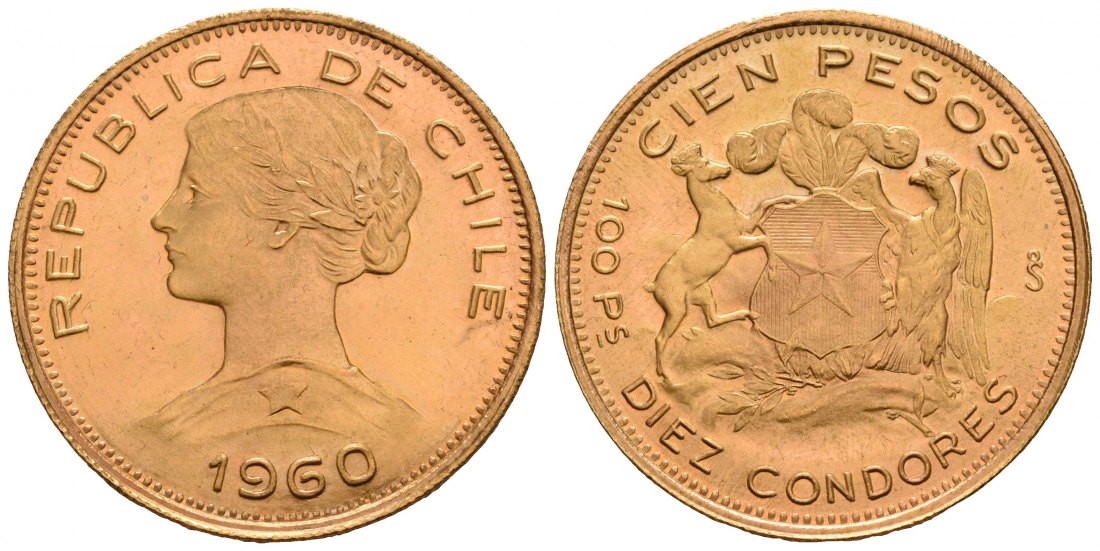 PEUS 5027 Chile 18,31 g Feingold 100 Pesos GOLD 1960 Fast Stempelglanz