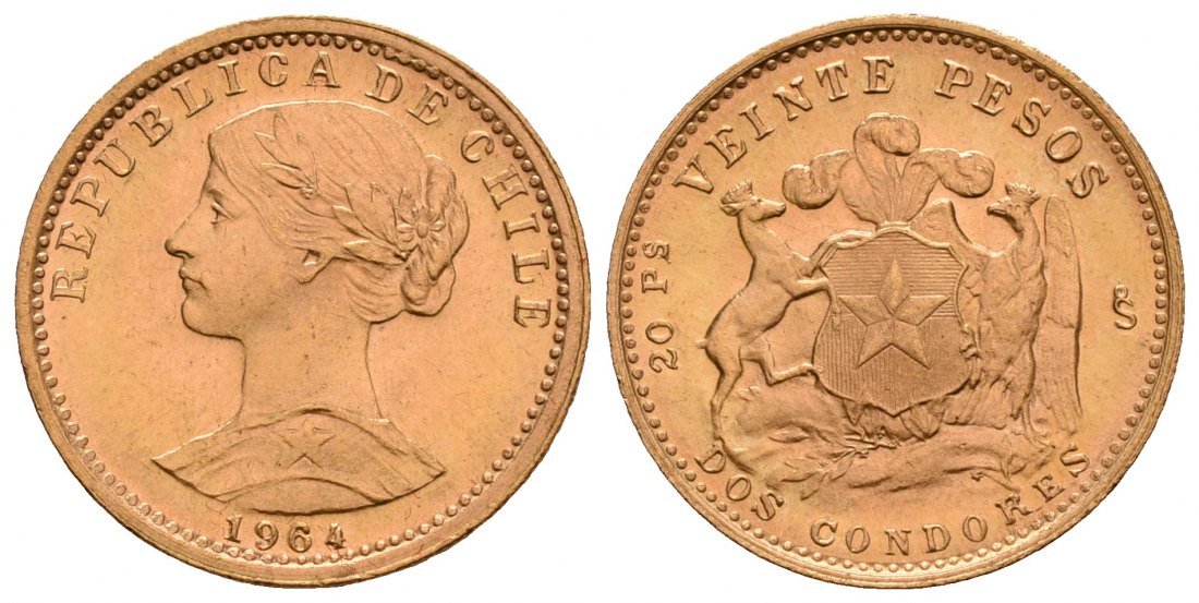PEUS 5029 Chile 3,66 g Feingold 20 Pesos GOLD 1964 Stempelglanz