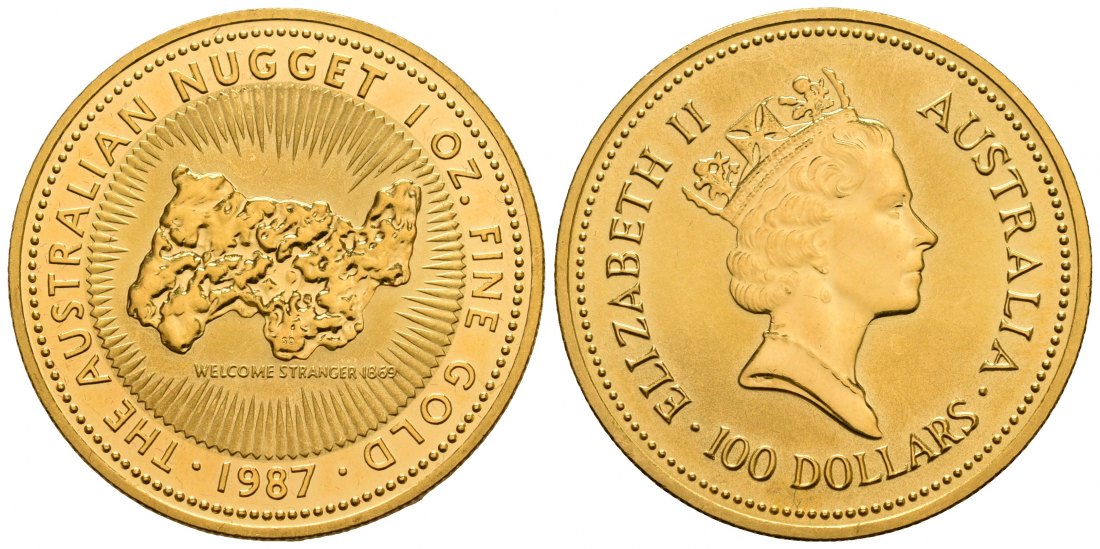PEUS 5037 Australien 31,1 g Feingold. Welcome Stranger Nugget 100 Dollars GOLD Unze 1987 Kl. Kratzer, Vorzüglich +