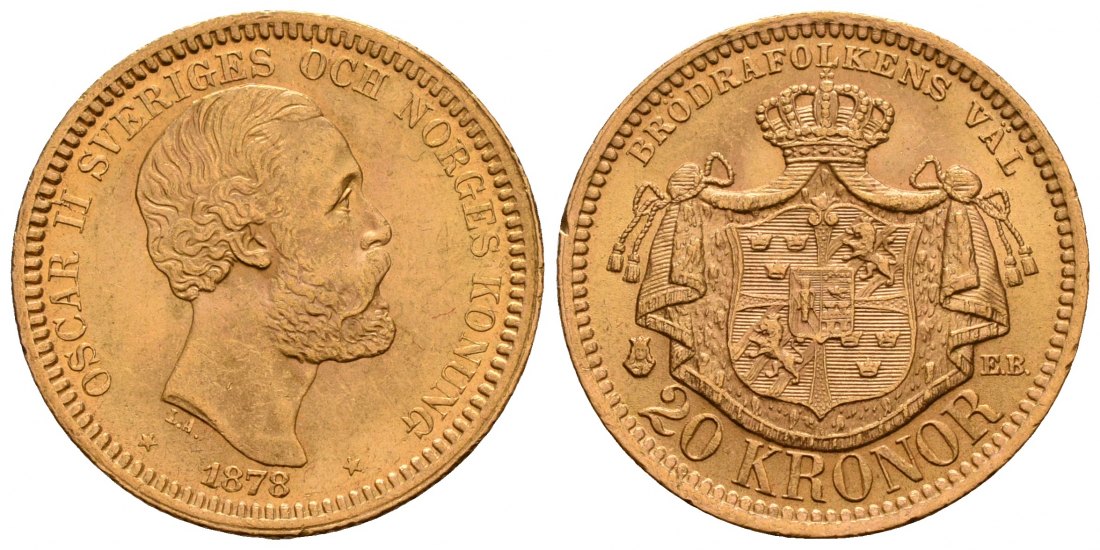 PEUS 5044 Union Norwegen + Schweden 8,06 g Feingold. Oscar II. (1872 - 1905) 20 Kroner GOLD 1878 EB Kl. Randfehler, Vorzüglich
