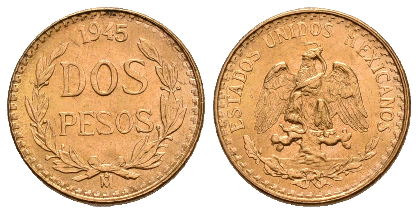 PEUS 5045 Mexiko 1,5 g Feingold 2 Pesos GOLD 1945 M Kl. Kratzer, fast Stempelglanz