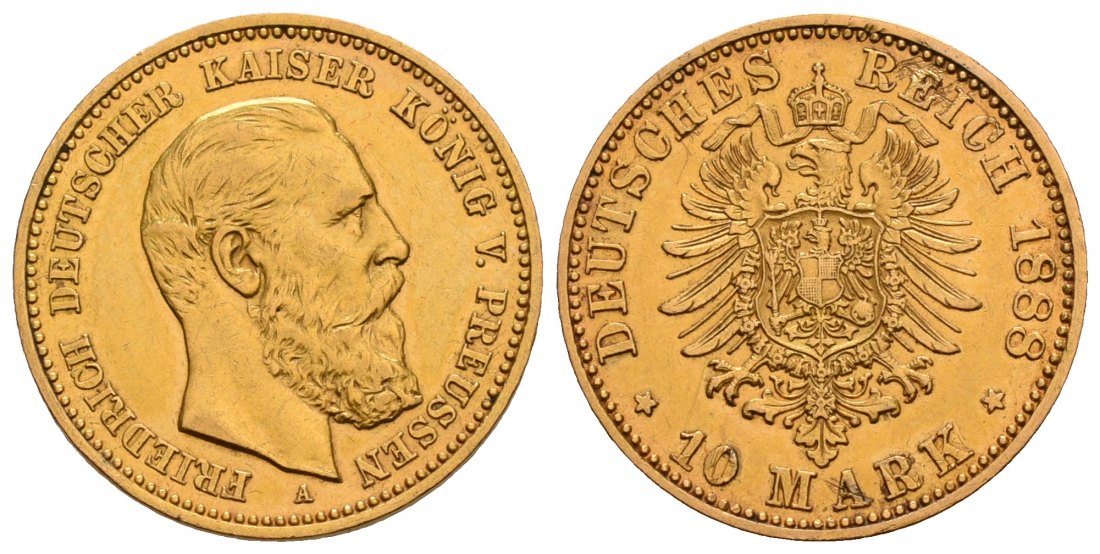 PEUS 5048 Kaiserreich - Preußen 3,58 g Feingold. Friedrich III. (09.03.- 15.06.1888) 10 Mark GOLD 1888 A Kl. Kratzer, fast Vorzüglich