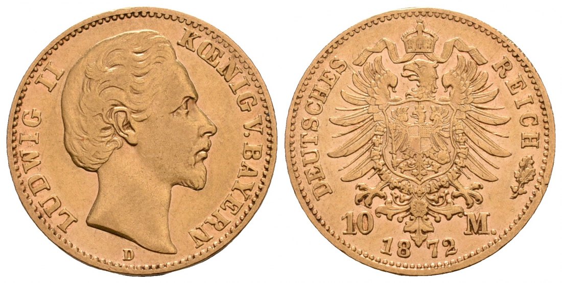 PEUS 5051 Bayern - Kaiserreich 3,58 g Feingold. Ludwig II. (1864 - 1886) 10 Mark GOLD 1872 D Sehr schön