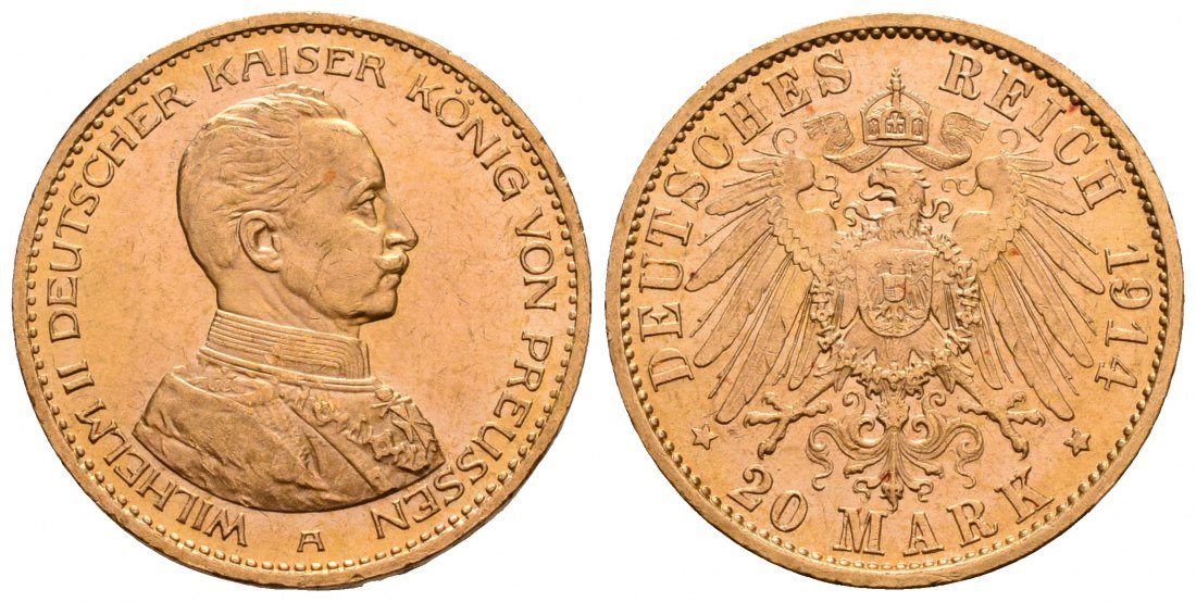 PEUS 5058 Kaiserreich - Preußen 7,16 g Feingold. Kaiser in Kürassieruniform 20 Mark GOLD 1914 A Kl. Kratzer, Vorzüglich