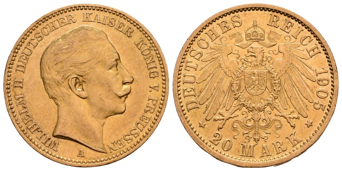 PEUS 5062 Kaiserreich - Preußen 7,16 g Feingold. Wilhelm II. 20 Mark GOLD 1905 A Kl. Kratzer, fast Vorzüglich