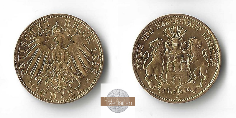 Hamburg, Kaiserreich MM-Frankfurt Feingold: 3,58g 10 Mark 1898 J 