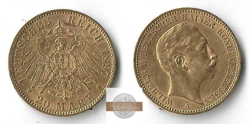 Preussen, Kaiserreich  20 Mark MM-Frankfurt Feingold: 7,17g Wilhelm II. 1891-1918 1897 A 