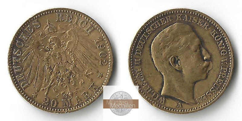Preussen, Kaiserreich  20 Mark MM-Frankfurt Feingold: 7,17g Wilhelm II.  1888-1918 1902 A 