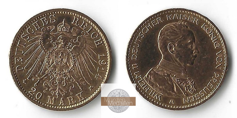 Preussen, Kaiserreich MM-Frankfurt Feingold: 7,17g 20 Mark 1914 A 