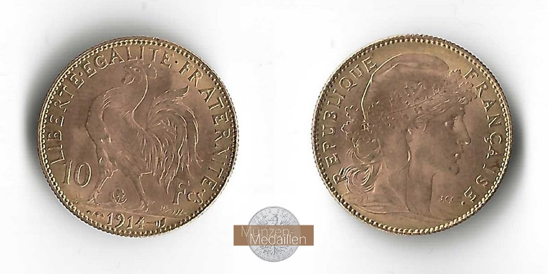 Frankreich  10 Francs MM-Frankfurt Feingold: 2,9g Marianne 1914 
