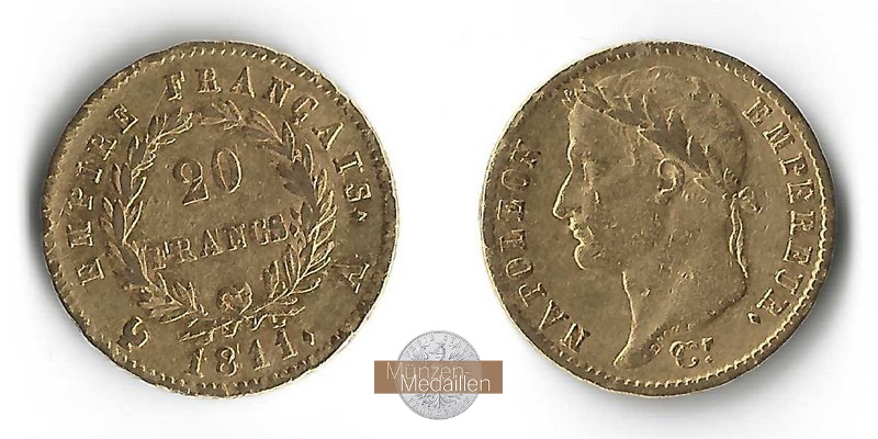 Frankreich  20 Francs MM-Frankfurt   Feingold: 5,81g Napoleon I 1811 A 