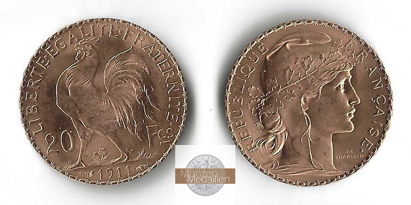 Frankreich MM-Frankfurt Feingold: 5,81g 20 Francs 1911 