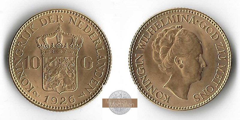 Niederlande MM-Frankfurt  Feingold: 6,06g 10 Gulden 1926 