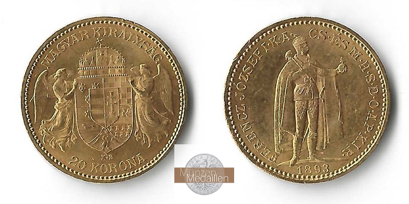 Ungarn MM-Frankfurt  Feingold: 6,10g 20 Kronen 1893 