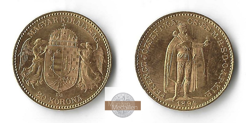 Ungarn MM-Frankfurt Feingold: 6,10g 20 Kronen 1894 
