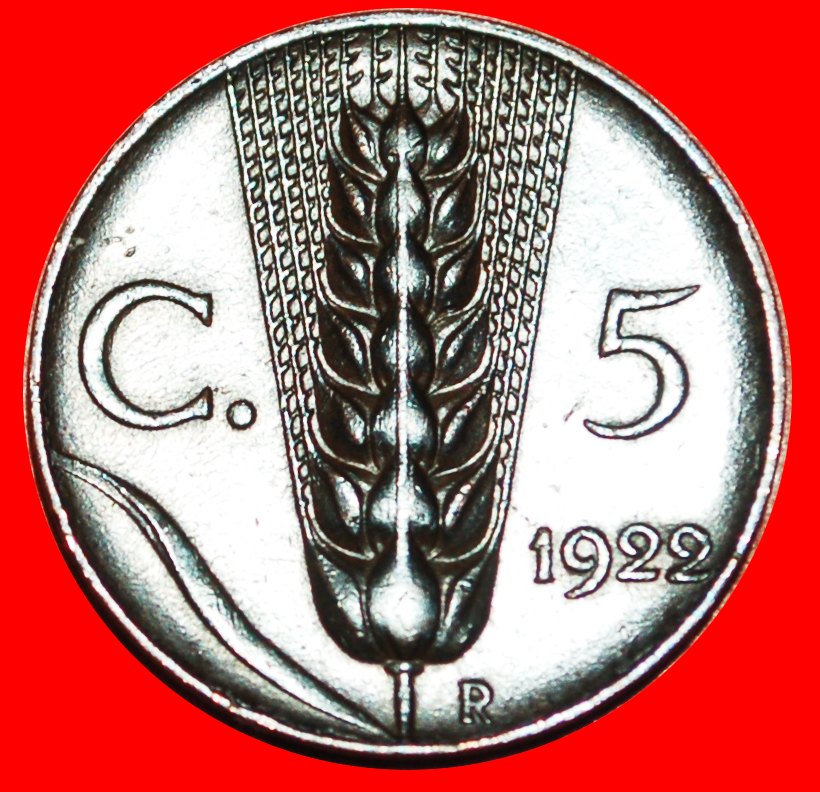 • WHEAT EAR (1919-1937): ITALY ★ 5 CENTESIMOS 1922R! VICTOR EMMANUEL III! LOW START★ NO RESERVE!