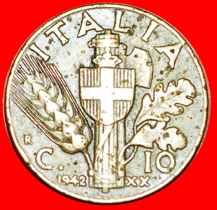  • SAVOY ARMS: ITALY ★10 CENTESIMOS XX 1942R! VICTOR EMMANUEL III (1900-1946)! LOW START★ NO RESERVE!   