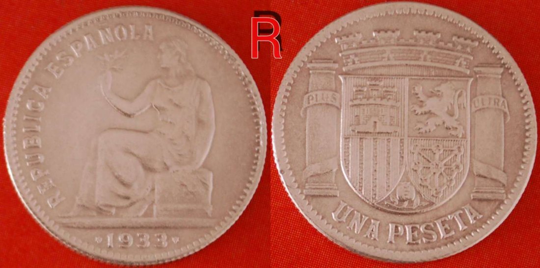  • II. REPUBLIK (1931-1939): SPANIEN ★ 1 PESETA 1933 SILBER SELTEN! OHNE VORBEHALT!   