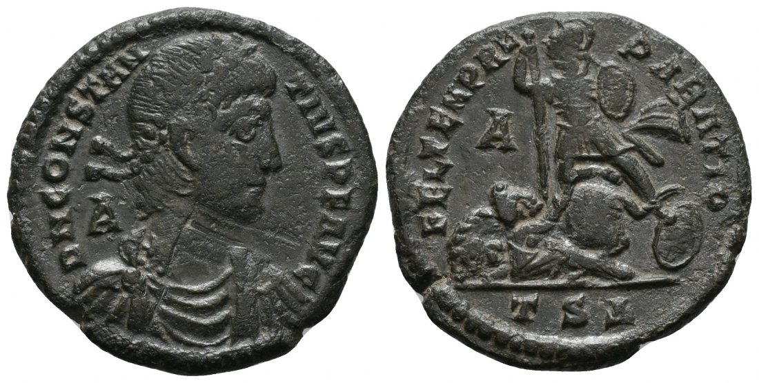 PEUS 7389 Constantinus II. Kyzikos (Cyzicus). Büste / Reitersturz. Follis 350 Selten Grünbraune Patina sehr schön