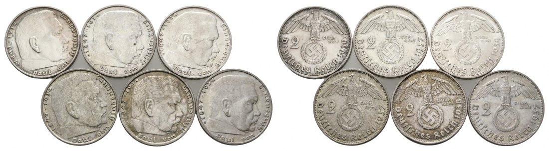  Drittes Reich, 5 Münzen zu je 2 Mark   