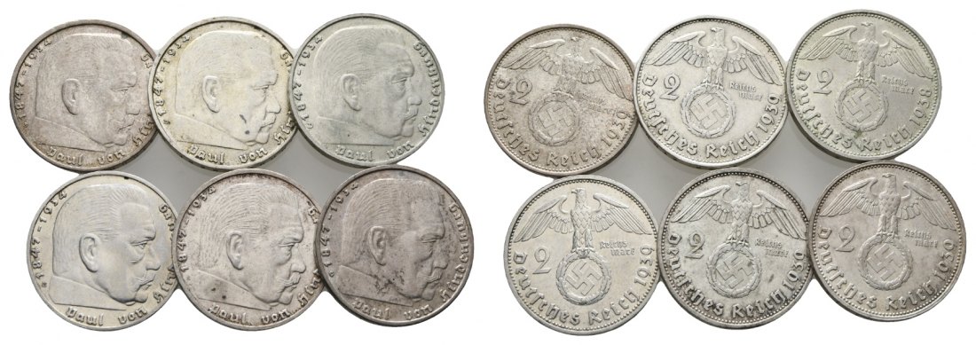  Drittes Reich, 6 Münzen zu je 2 Mark   