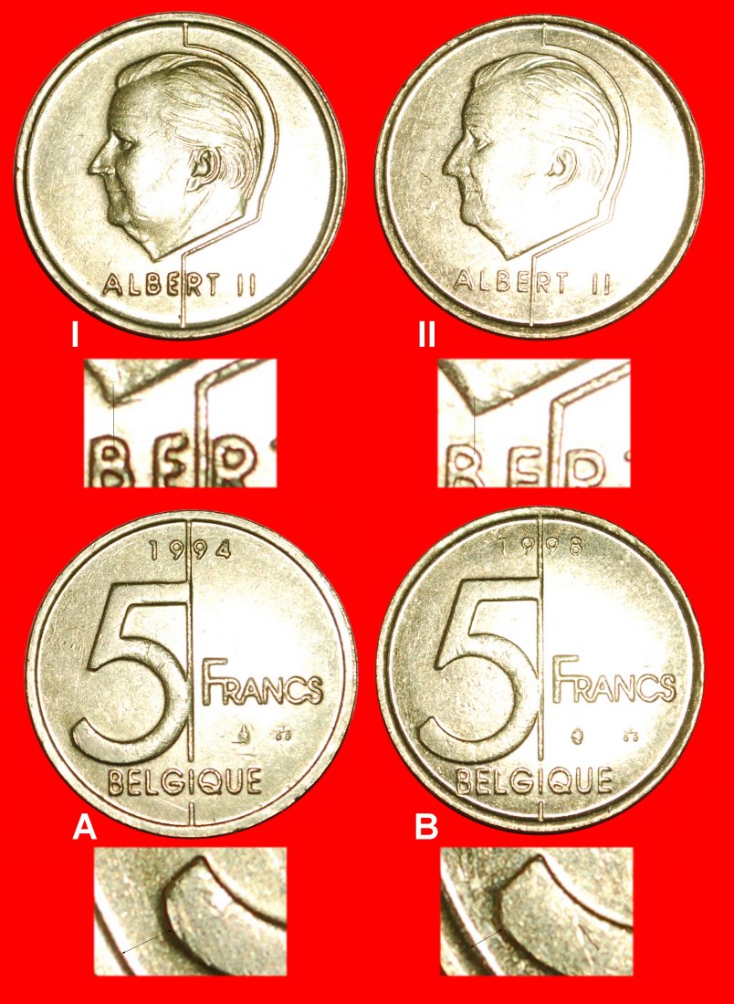  • ALL 4 KNOWN TYPES (1994-2001): BELGIUM ★ 5 FRANCS 1994, 1998! LOW START! ★ NO RESERVE!   