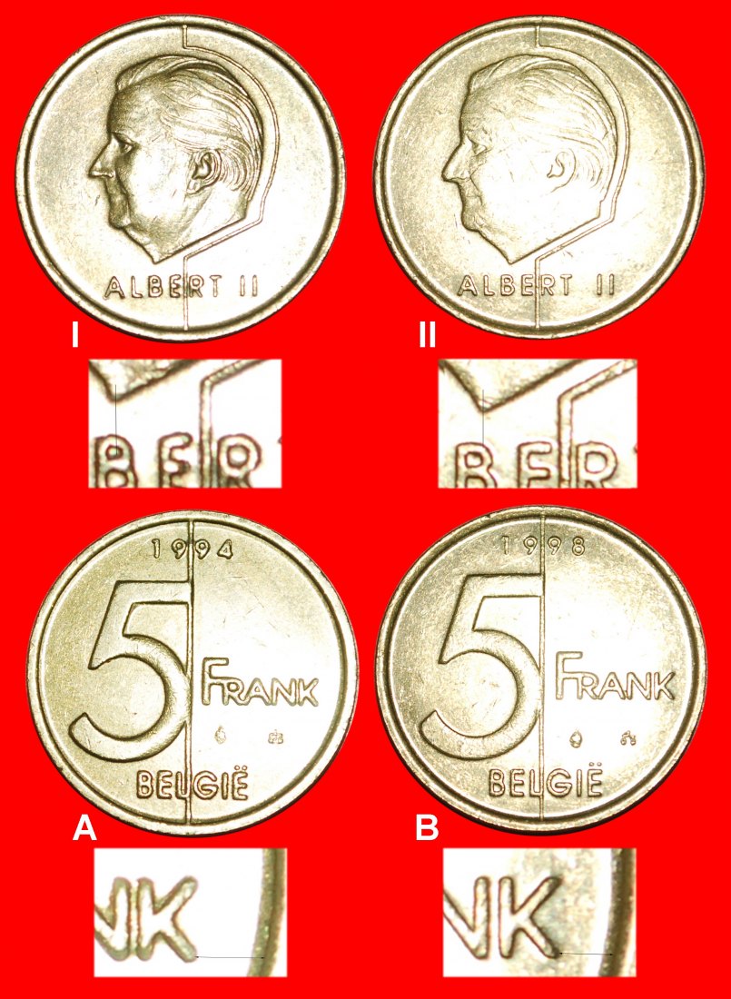  • ALL 4 KNOWN TYPES (1994-2001): BELGIUM ★ 5 FRANCS 1994, 1998! LOW START! ★ NO RESERVE!   