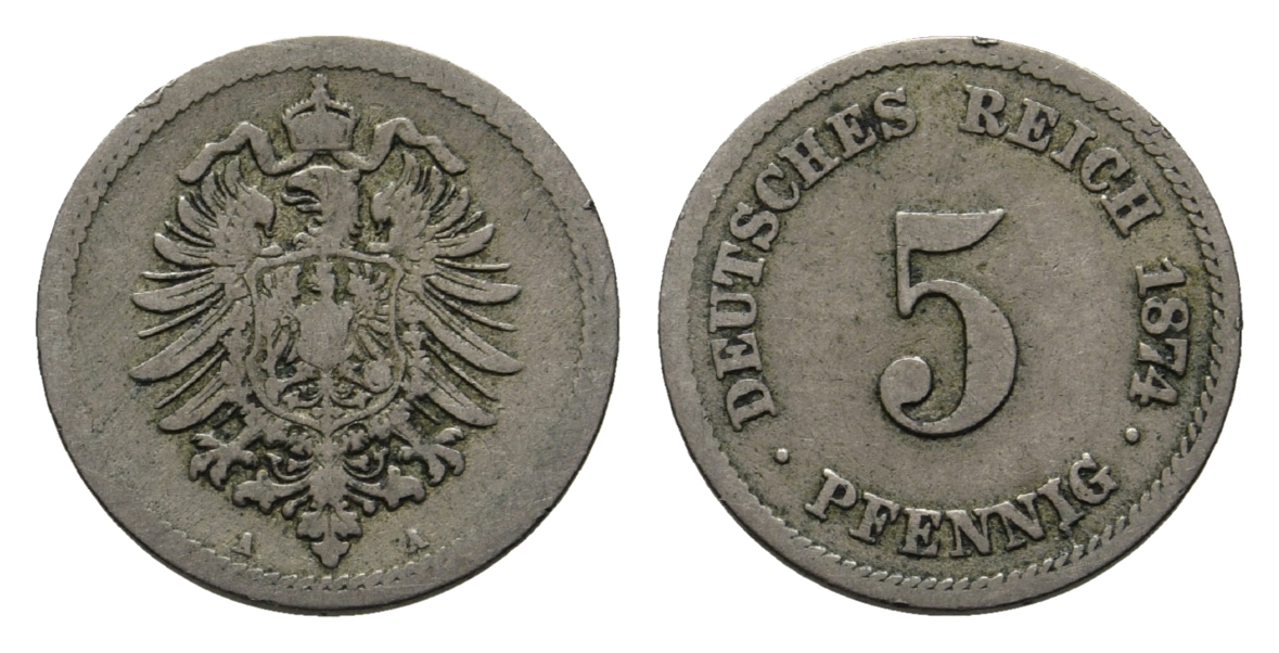  Deutsches Reich; 5 Pfennig 1874 A, kl. Adler   