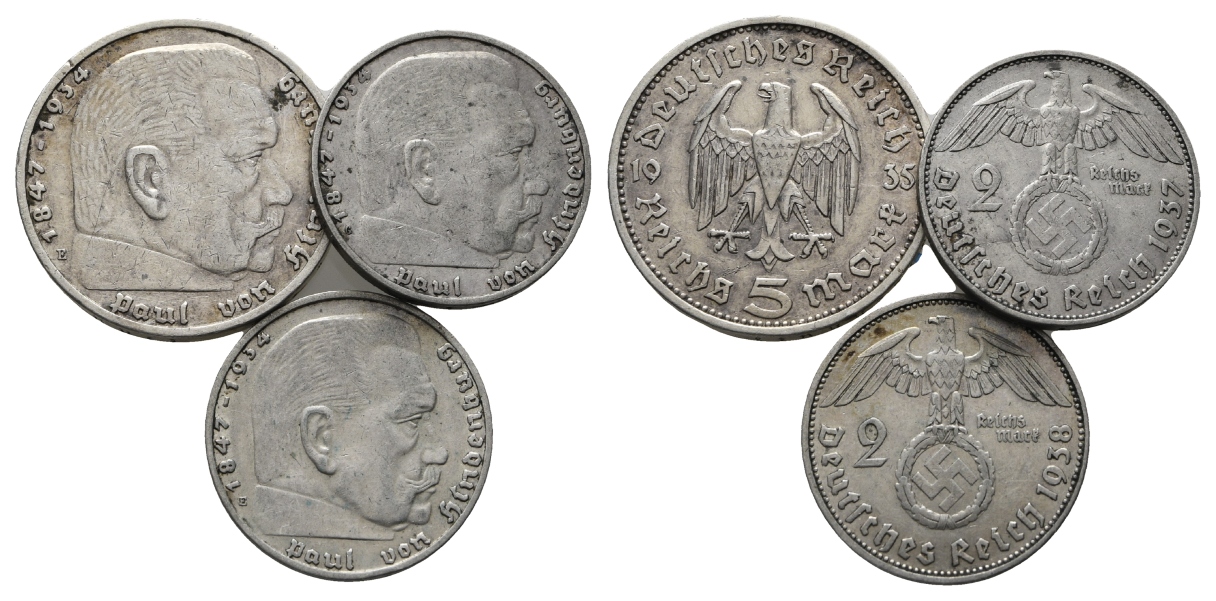  Deutsches Reich; 1 x 5 Mark, 2 x 2 Mark, 1935/1937/1938   