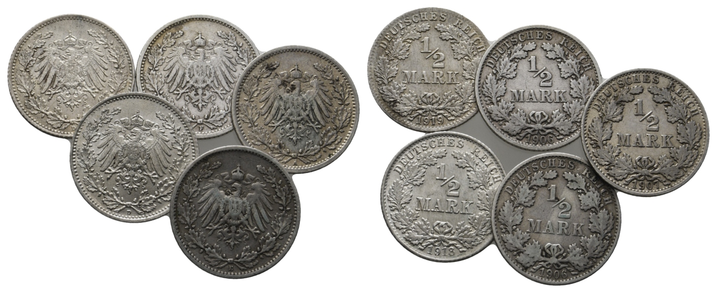  Deutsches Kaiserreich; 5 x 1/2 Mark, 1906/1907/1918/1919   