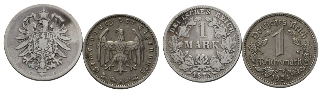  Deutsches Kaiserreich/Drittes Reich; 2 x 1 Mark, 1875/1934   