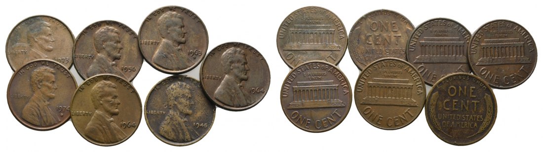  Amerika; 7 Kleinmünzen, one Cent 1945-1974   