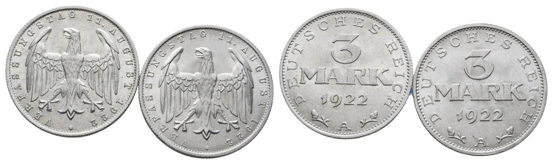  Weimarer Republik; 2 Stück 3 Mark, Deutscher Verfassungstag 1922, Aluminium   