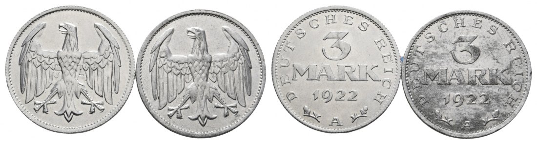  Weimarer Republik; 2 Stück 3 Mark, Adler ohne Umschrift 1922, Aluminium   