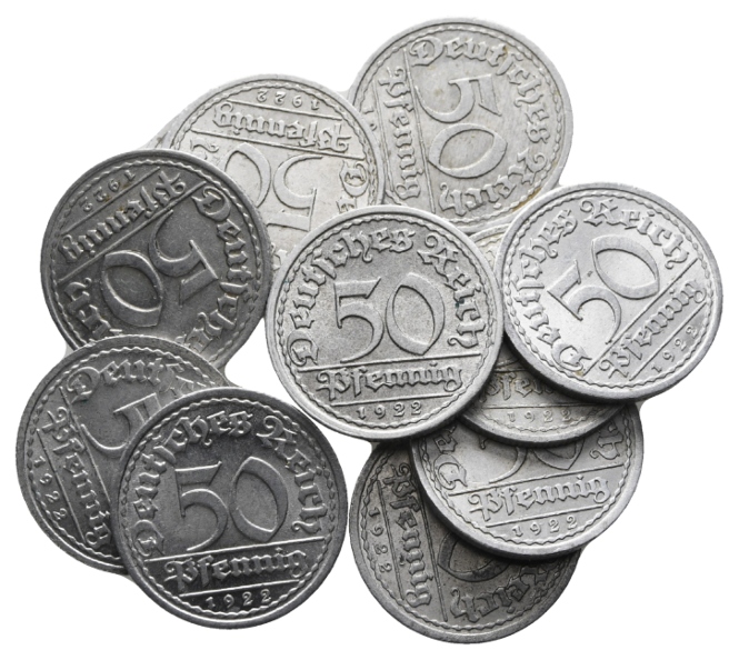  Weimarer Republik; 11 Stück 50 Pfennig 1922, Aluminium   