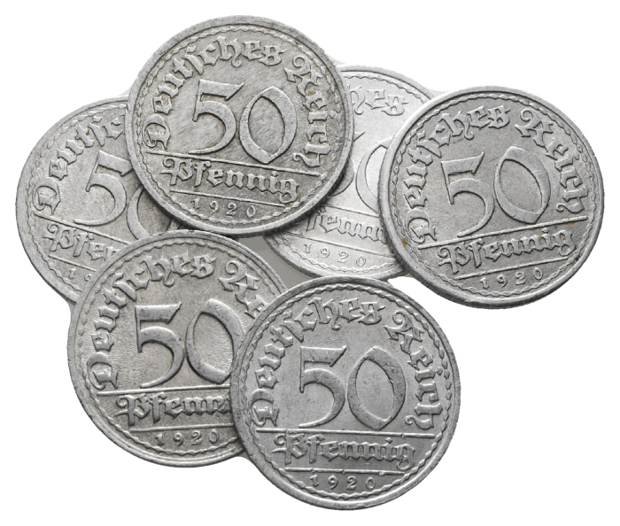  Weimarer Republik; 6 Stück 50 Pfennig 1920, Aluminium   