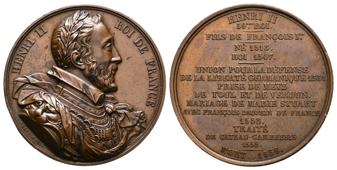  Linnartz Frankreich Bronzemedaille (1559)(Caque) a. Henri II. kl.Rdf. vz Gewicht: 60,2g   