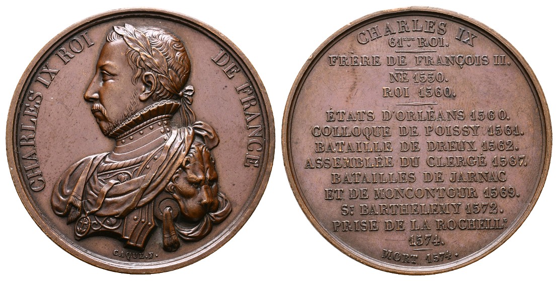  Linnartz Frankreich Bronzemedaille (1574)(Caque) a. Charles IX. vz Gewicht: 61,5g   
