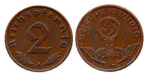  Drittes Reich 2 Reichspfennig 1940 A Kehrprägung RAR   