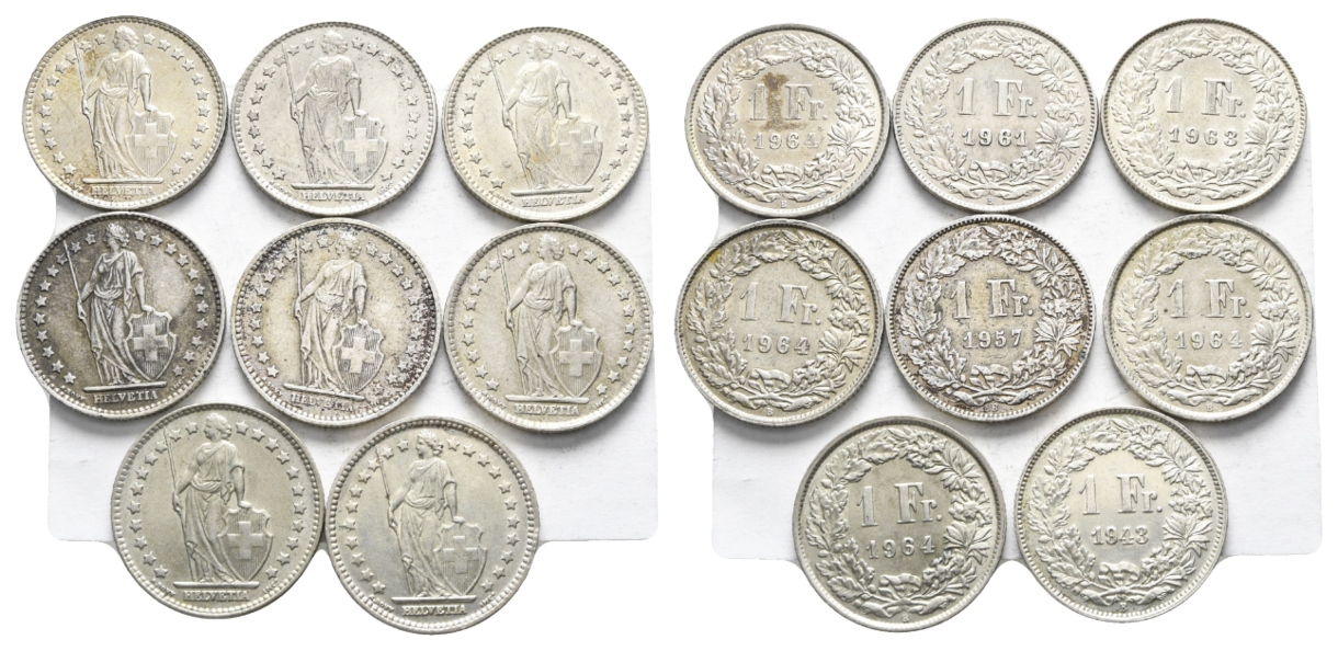  Schweiz; 8 Stück 1 Franken 1943-64   