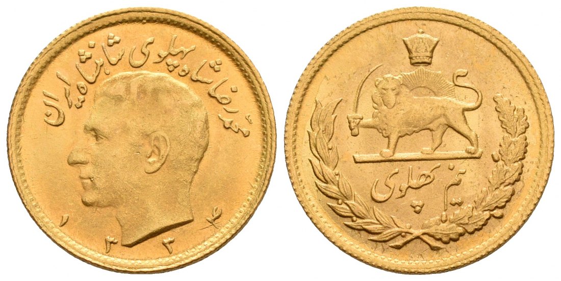 PEUS 5005 Iran 3,66 g Feingold. Muhammad Reza Shah 1/2 Pahlavi GOLD SH1334 (1955) Vorzüglich
