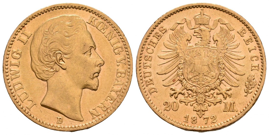 PEUS 5059 Kaiserreich - Bayern 7,16 g Feingold. Ludwig II. (1864 - 1886) 20 Mark GOLD 1872 D München Sehr schön