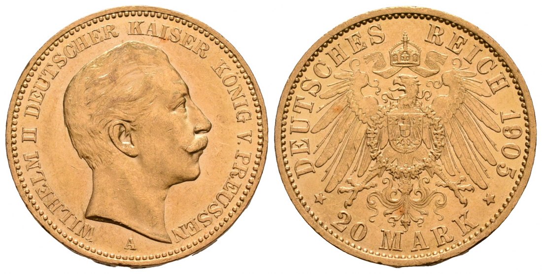 PEUS 5062 Kaiserreich - Preußen 7,16 g Feingold. Wilhelm II. 20 Mark GOLD 1905 A Kl. Kratzer, fast Vorzüglich