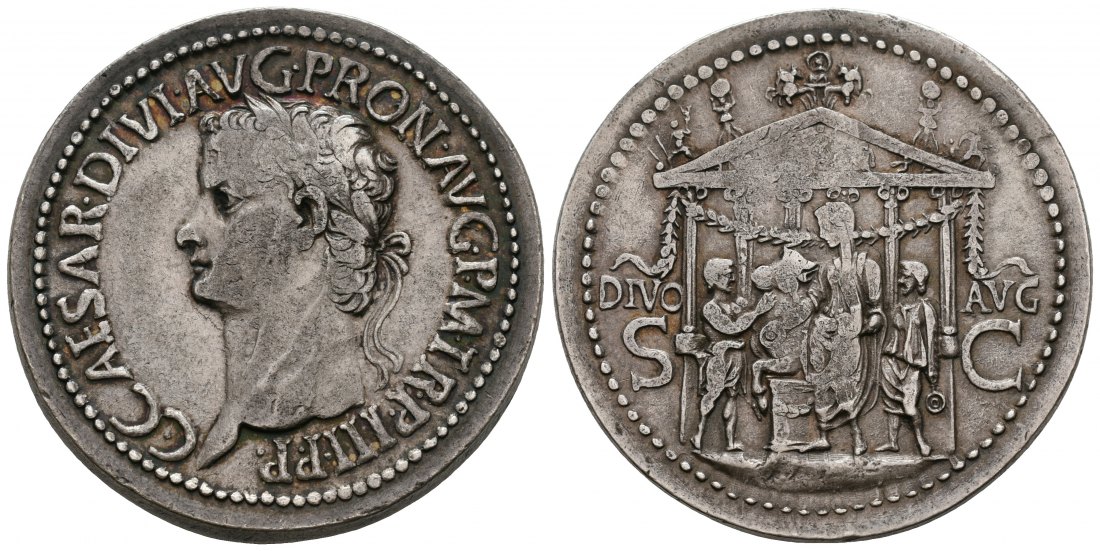 PEUS 5204 BRD 38,5 mm / 29,2 g rau. Kopf des Caligula / Opferszene vor Tempel Silbermedaille o.J. Stempelglanz