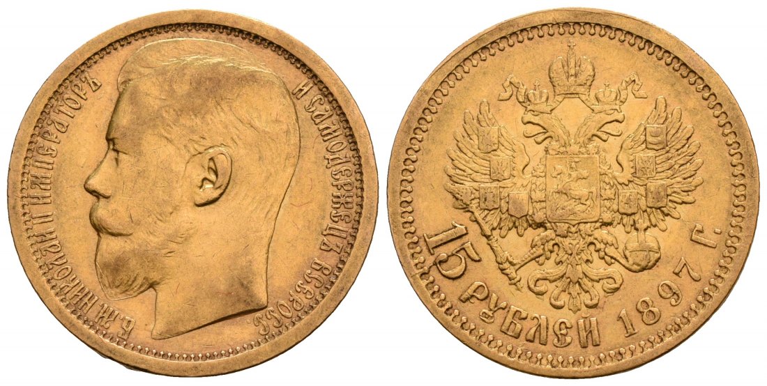 PEUS 5218 Russland 11,61 g Feingold. Zar Nikolaus II. (1894 - 1917) 15 Rubel GOLD 1897 АГ (AG) Sehr schön