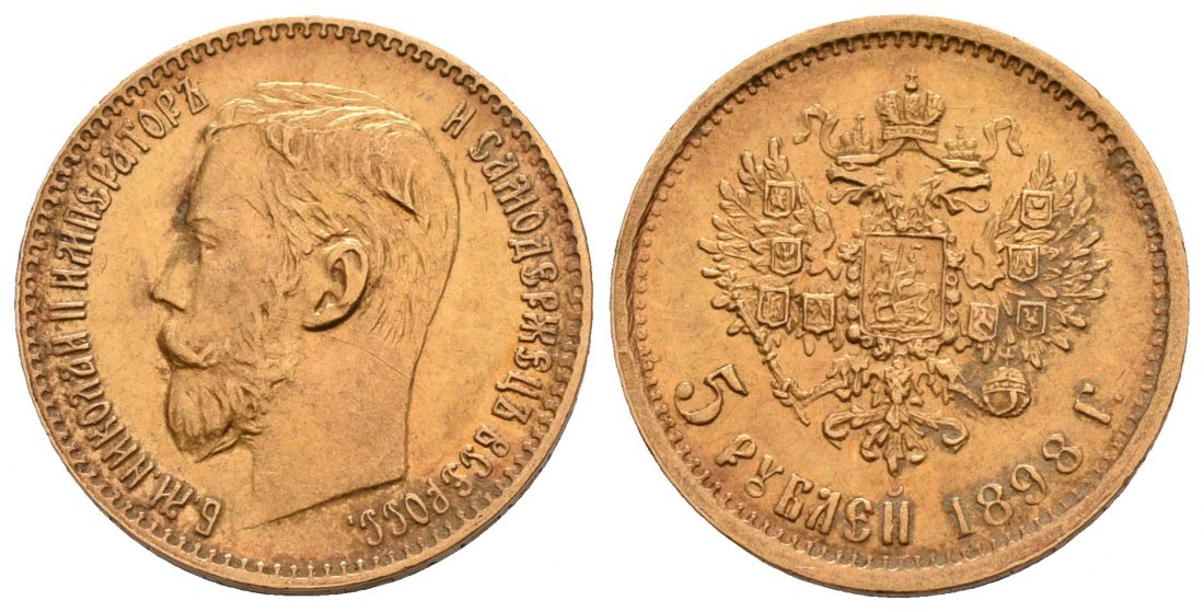 PEUS 5219 Russland 3,87 g Feingold. Zar Nikolaus II. (1894 - 1917) 5 Rubel GOLD 1898 АГ Kratzer, Sehr schön