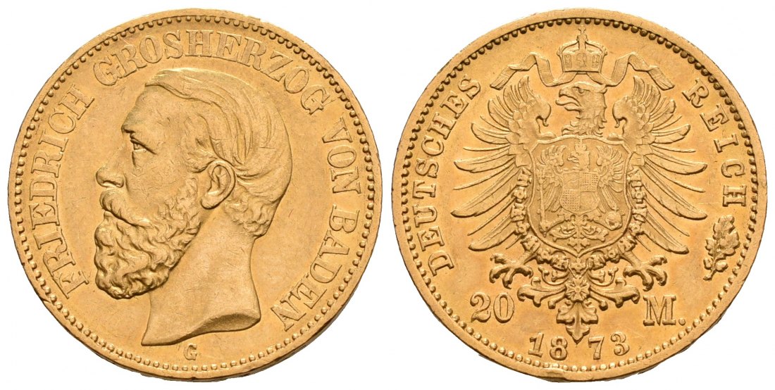 PEUS 5221 Baden - Kaiserreich 7,16 g Feingold. Friedrich I. (1852 - 1907) 20 Mark GOLD 1873 G Karlsruhe Sehr schön