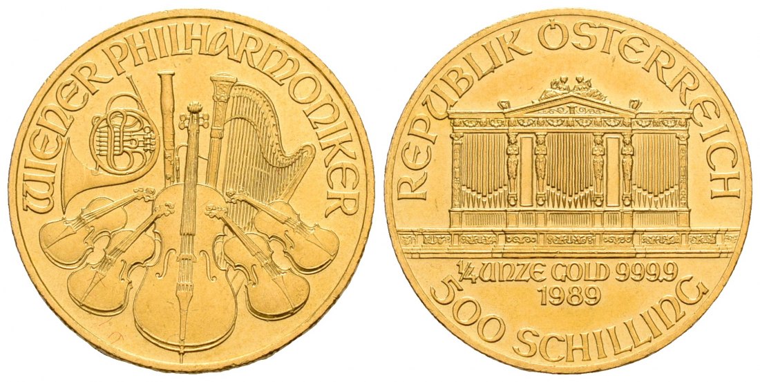 PEUS 5222 Österreich 7,78 g Feingold. Wiener Philharmoniker 500 Schilling GOLD 1/4 Unze 1989 Kl. Kratzer, fast Stempelglanz
